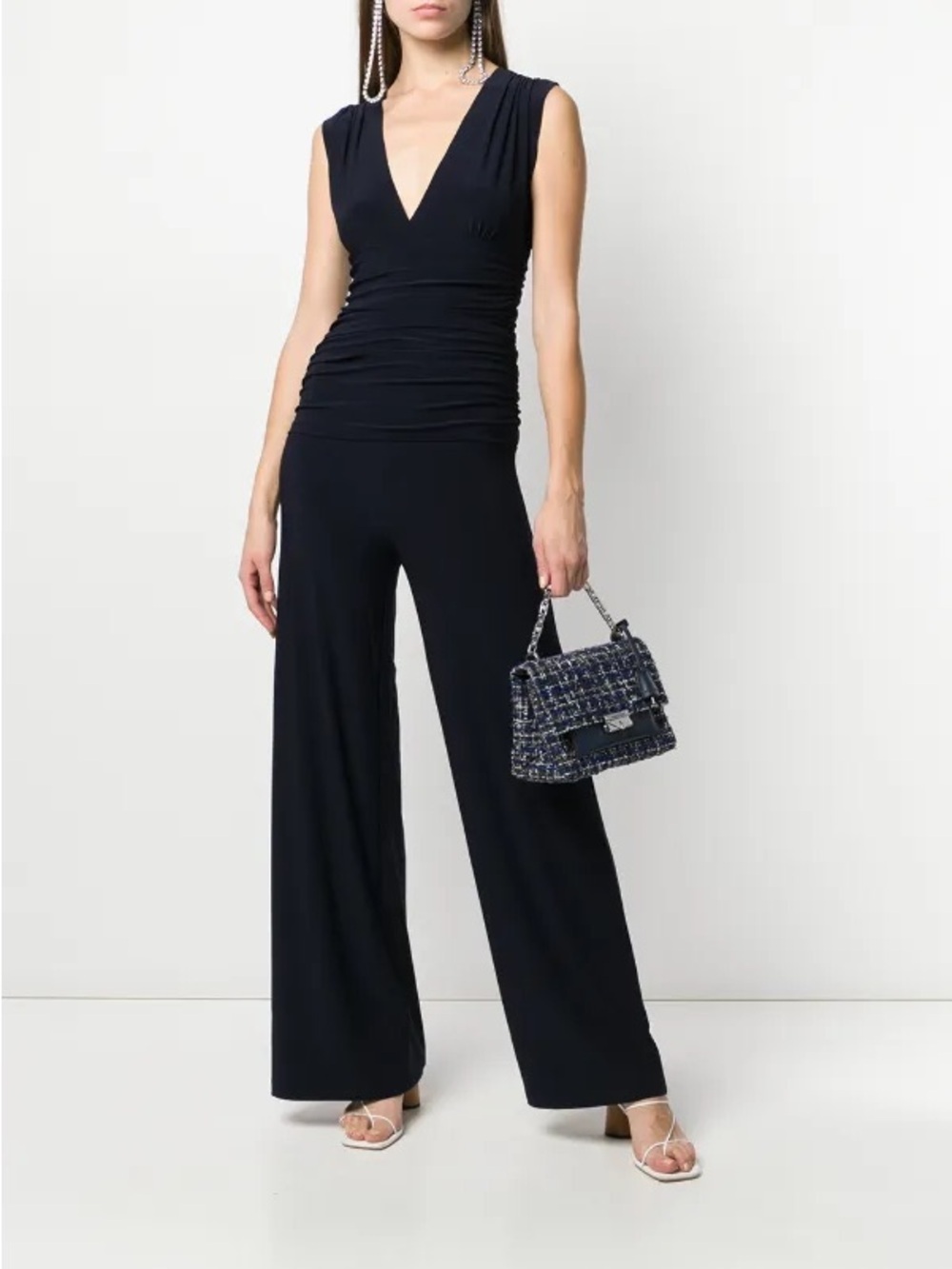 NORMA KAMALI SLEEVELESS V-NECK JUMPSUIT CINCHED WAIST S